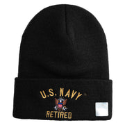 US Navy Retired Military Embroidered 12 inch Cuffed Knit Long Beanie - Black OSFM
