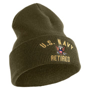 US Navy Retired Military Embroidered 12 inch Cuffed Knit Long Beanie - Olive OSFM