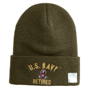 US Navy Retired Military Embroidered 12 inch Cuffed Knit Long Beanie - Olive OSFM