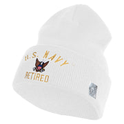 US Navy Retired Military Embroidered 12 inch Cuffed Knit Long Beanie - White OSFM