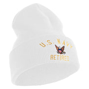 US Navy Retired Military Embroidered 12 inch Cuffed Knit Long Beanie - White OSFM
