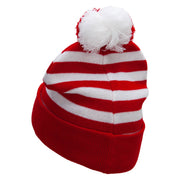 Striped Pom Pom Cuff Long Beanie