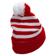 Striped Pom Pom Cuff Long Beanie