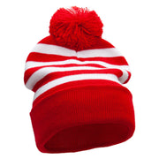 Striped Pom Pom Cuff Long Beanie