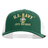 Licensed US Navy USN CPO Retired Embroidered Contrast Trucker Cap - Evergreen-White OSFM