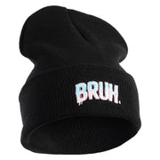 Bruh Phrase Logo Embroidered 12 inch Acrylic Blank Cuff Long Beanie - Black OSFM