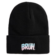 Bruh Phrase Logo Embroidered 12 inch Acrylic Blank Cuff Long Beanie - Black OSFM