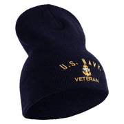 Navy USN Veteran Symbol Embroidered Heavyweight Classic Knit Short Beanie - Navy OSFM