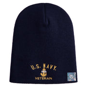 Navy USN Veteran Symbol Embroidered Heavyweight Classic Knit Short Beanie - Navy OSFM