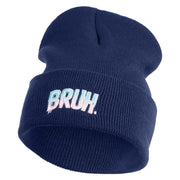 Bruh Phrase Logo Embroidered 12 inch Acrylic Blank Cuff Long Beanie - Navy OSFM