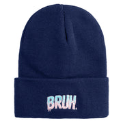 Bruh Phrase Logo Embroidered 12 inch Acrylic Blank Cuff Long Beanie - Navy OSFM