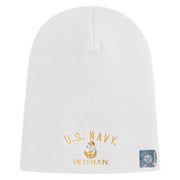 Navy USN Veteran Symbol Embroidered Heavyweight Classic Knit Short Beanie - White OSFM