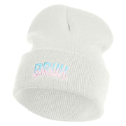 Bruh Phrase Logo Embroidered 12 inch Acrylic Blank Cuff Long Beanie - White OSFM