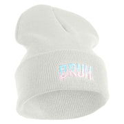 Bruh Phrase Logo Embroidered 12 inch Acrylic Blank Cuff Long Beanie - White OSFM