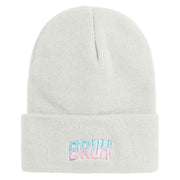 Bruh Phrase Logo Embroidered 12 inch Acrylic Blank Cuff Long Beanie - White OSFM