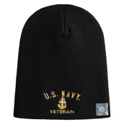 Navy USN Veteran Symbol Embroidered Heavyweight Classic Knit Short Beanie - Black OSFM