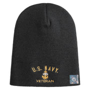 Navy USN Veteran Symbol Embroidered Heavyweight Classic Knit Short Beanie - Dk-Grey OSFM