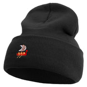 Made in USA Viking Longship Illustration 12 Inch Solid Knit Cuff Long Beanie - Black OSFM