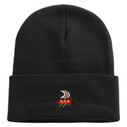 Made in USA Viking Longship Illustration 12 Inch Solid Knit Cuff Long Beanie - Black OSFM