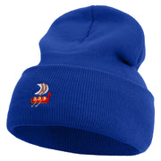 Made in USA Viking Longship Illustration 12 Inch Solid Knit Cuff Long Beanie - Royal-Blue OSFM