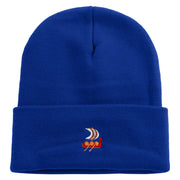 Made in USA Viking Longship Illustration 12 Inch Solid Knit Cuff Long Beanie - Royal-Blue OSFM