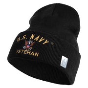 US Navy Veteran Military Embroidered 12 inch Cuffed Knit Long Beanie - Black OSFM