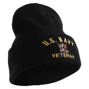 US Navy Veteran Military Embroidered 12 inch Cuffed Knit Long Beanie - Black OSFM