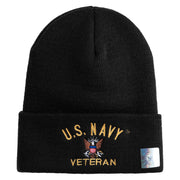 US Navy Veteran Military Embroidered 12 inch Cuffed Knit Long Beanie - Black OSFM