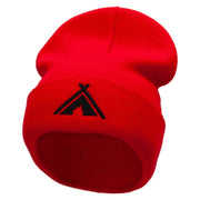 Tent Campfire Embroidered 12 Inch Long Knitted Beanie - Red OSFM