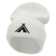 Tent Campfire Embroidered 12 Inch Long Knitted Beanie - White OSFM