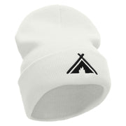 Tent Campfire Embroidered 12 Inch Long Knitted Beanie - White OSFM