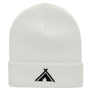 Tent Campfire Embroidered 12 Inch Long Knitted Beanie - White OSFM