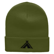 Tent Campfire Embroidered 12 Inch Long Knitted Beanie - Olive OSFM