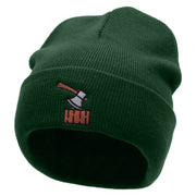 Axe on Wood Embroidered 12 Inch Long Knitted Beanie - Dk-Green OSFM