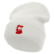 Red Rooster Embroidered 12 Inch Long Knitted Beanie - White OSFM