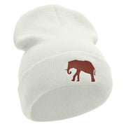 Walking Elephant Embroidered 12 Inch Long Knitted Beanie - White OSFM