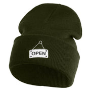 Open Sign Embroidered 12" Long Knitted Beanie - Olive OSFM