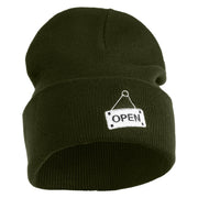 Open Sign Embroidered 12" Long Knitted Beanie - Olive OSFM