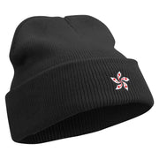 Hong Kong Five Petal Flower Embroidered Super Stretch Knit Watch Cap Beanie - Black OSFM