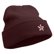 Hong Kong Five Petal Flower Embroidered Super Stretch Knit Watch Cap Beanie - Maroon OSFM