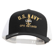 Licensed US Navy USN CPO Retired Embroidered Flexfit 2 Tone Mesh Cap - Black-White OSFM