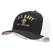 Licensed US Navy USN CPO Retired Embroidered Flexfit 2 Tone Mesh Cap - Black-White OSFM