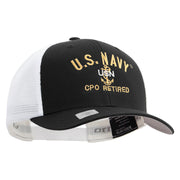 Licensed US Navy USN CPO Retired Embroidered Flexfit 2 Tone Mesh Cap - Black-White OSFM