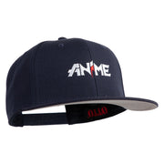 Anime Wordmark Embroidered Wool Blend Flat Snapback Cap - Navy OSFM