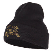 Glitter Merry Christmas Embroidered Long Knitted Beanie