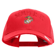 US Marine Semper Fidelis Design Embroidered 6 Panel Structured Cotton Twill Mesh Cap Made in USA - Red OSFM