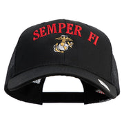 US Marine Semper Fidelis Design Embroidered 6 Panel Structured Cotton Twill Mesh Cap Made in USA - Black OSFM