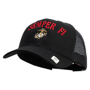 US Marine Semper Fidelis Design Embroidered 6 Panel Structured Cotton Twill Mesh Cap Made in USA - Black OSFM