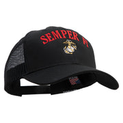 US Marine Semper Fidelis Design Embroidered 6 Panel Structured Cotton Twill Mesh Cap Made in USA - Black OSFM