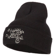 Glitter Happy Holiday Embroidered Long Knitted Beanie